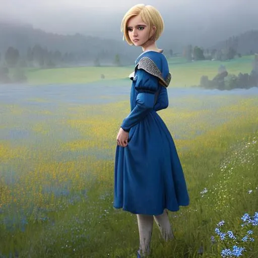 Prompt: Medieval girl, short blonde hair, blue dress, misty meadow background.  