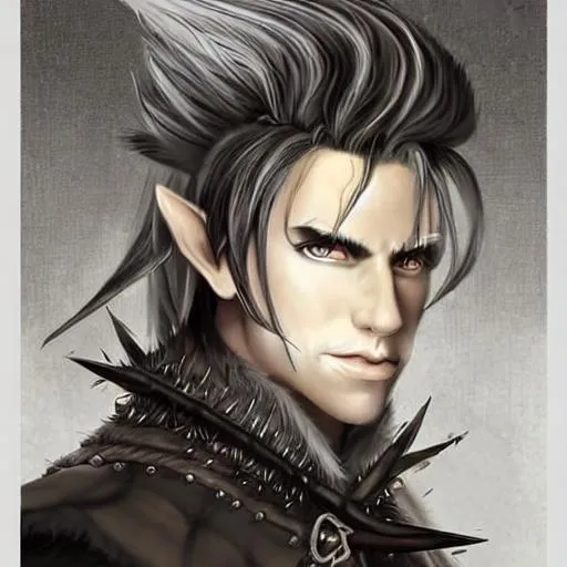 Prompt: portrait of a half elf pirate, spiky black and gray hair, scar over one eye, long fur coat, fantasy setting, done in the style of a fantasy RPG, perfect composition