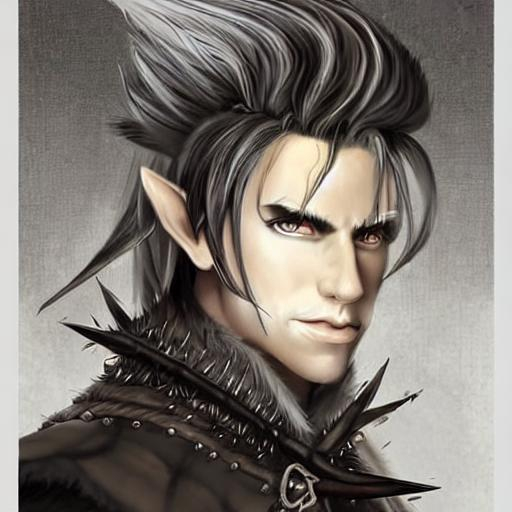 portrait of a half elf pirate, spiky black and gray...