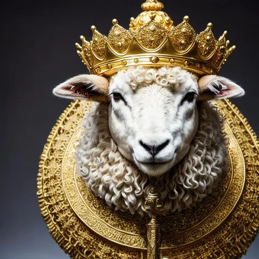 Prompt: A sheep with a golden intricate crown and a big sword, head only