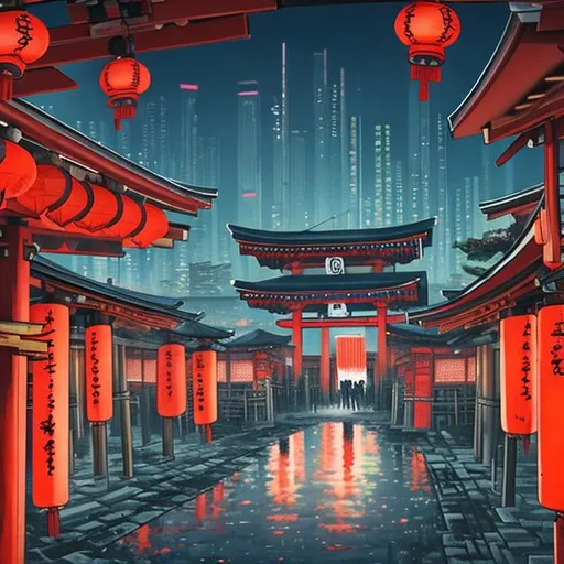 Prompt: A breath taking view of a Shinto shrine with red lanterns in the middle of cyberpunk city (oil painting)