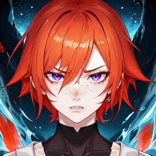 Prompt: Erikku male adult (short ginger hair, freckles, right eye blue left eye purple) UHD, 8K, Highly detailed, insane detail, best quality, high quality,  anime style, in purgatory, angry, fighting, covered in blood