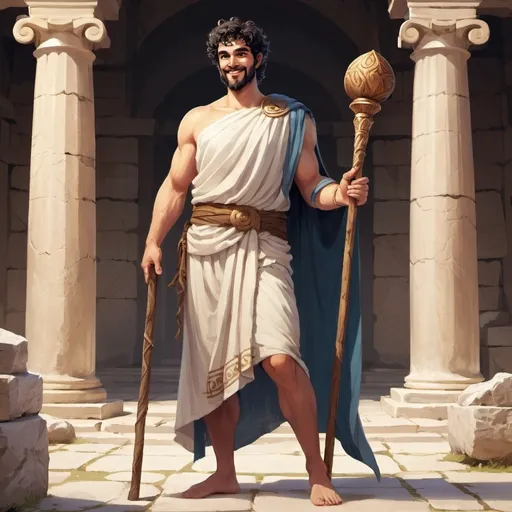 Prompt: Full body, Fantasy illustration of a male Greek, 26 years old, oliv skin, greek toga, curly black hair and beard, kind expression, friendly smile, holding a wooden wizard staff, high quality, rpg-fantasy, detailed, ancient Greek Agora, illustrated, art, painting 