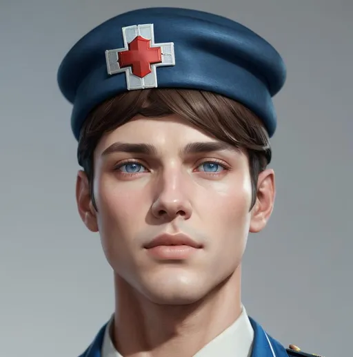 Prompt: Portrait of male with brunette hair and with cute face, wearing a blue beret with a medic symbol on it, perfect composition, hyperrealistic, super detailed, 8k, high quality, trending art, trending on artstation, sharp focus, studio photo, intricate details, highly detailed, by greg rutkowski
