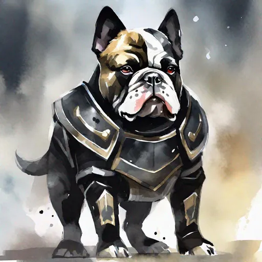 Prompt: Pact Alliance War Dog, bulldog-like, black fur with a small white patch, black armor, masterpiece, best quality, (in watercolor painting style)