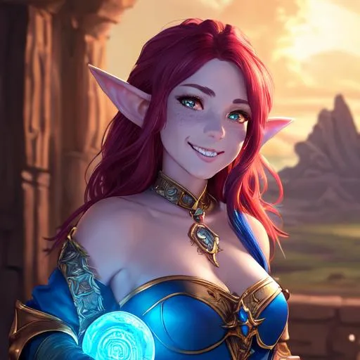 Prompt: oil painting, D&D fantasy, blue-skinned-elf girl, blue-skinned-female with freckles, slender, beautiful, short bright red hair, wavy hair, smiling, pointed ears, looking at the viewer, cleric wearing intricate adventurer outfit, #3238, UHD, hd , 8k eyes, detailed face, big anime dreamy eyes, 8k eyes, intricate details, insanely detailed, masterpiece, cinematic lighting, 8k, complementary colors, golden ratio, octane render, volumetric lighting, unreal 5, artwork, concept art, cover, top model, light on hair colorful glamourous hyperdetailed medieval city background, intricate hyperdetailed breathtaking colorful glamorous scenic view landscape, ultra-fine details, hyper-focused, deep colors, dramatic lighting, ambient lighting god rays, flowers, garden | by sakimi chan, artgerm, wlop, pixiv, tumblr, instagram, deviantart
