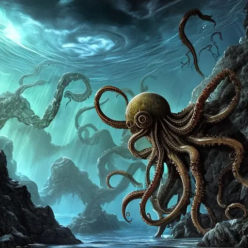 Prompt: Water, Well preserved data, spiders, nautiluses, Cthulhu, the earth is just rocks, the sky is just some clouds