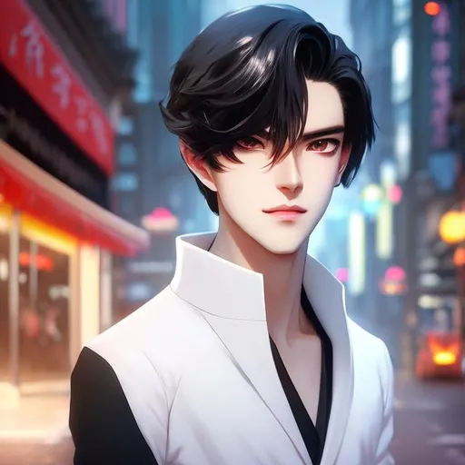 Prompt: anime man, tall, slim, athletic, long black hair, smooth, flawless white skin, detailed, symmetrical face, bright red eyes, expressive, detailed, wearing an aristocratic outfit, Victorian, elegant shoes, screenshot Je-Hon  Son, Anime movie, Raizel from Noblesse, standing on a street, night, city lights, realistic shaded lighting, best quality, highest quality