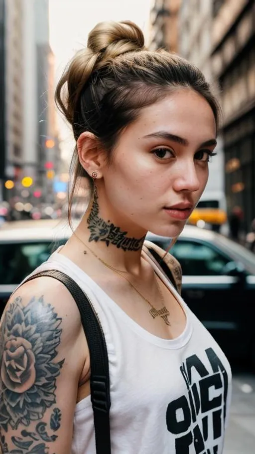 Prompt: a photorealistic portrait of a stunningly beautiful woman without make-up, streetwear outfit, pale skin, tattoos, tattoo artist by Bang Bang, messy bun hair, peach fuzz, New York city street backdrop, crowd, golden hour, masterpiece, absurd-res, nikon d850 film stock photograph, kodak portrait 400 camera f1.6 lens, award winning photo by lee jeffries, extremely detailed, amazing, fine detail, rich colors, hyper realistic lifelike texture, dramatic lighting, unreal engine 5, trending on artstation, cinestill 800 tungsten, looking at the viewer, photo realistic, portrait photography, RAW photo, high quality, high-resolution, sharp focus, extremely detailed, 8k ultra high definition, stylized anatomy, hyperrealism