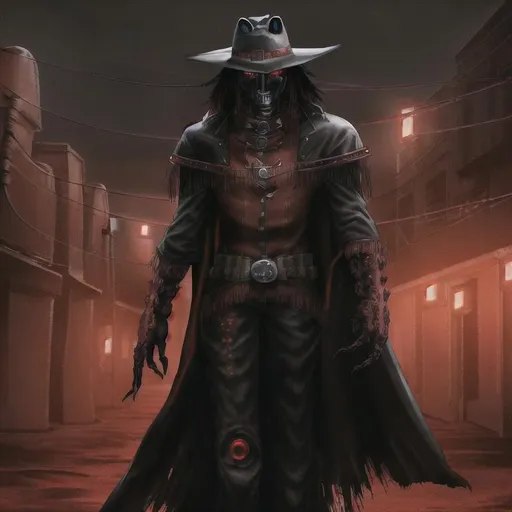 Prompt: Cyber Cowboy with 4 Arms, fiery red Poncho, Dressed in black duster and Stetson Cowboy Hat, with Red eyes, Haunting Presence, Intricately Detailed, Hyperdetailed, Desert Wild West Landscape, Dusty Midnight Lighting, Wild West Feel