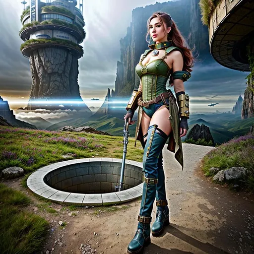 Prompt: Realistic futuristic dystopian landscape, heavy mist, at the edge of a mountain, with a large time hole on the ground,

Depicting a female Steampunk, PinUp High Fantasy Time Keeper, an exquisite portrayal of an exotic, gorgeous, slender, ultra realistic young adult woman, wearing a heavy iron collar,

Gorgeous perfectly detailed facial features, long legs, vibrant sumptuous perfect body, ultra pale, visible midriff, 

Perfect studio lighting, perfect shading, Professional Photo Realistic Image, RAW, artstation, splash style dark fractal paint, contour, hyper detailed, intricately detailed, unreal engine, fantastical, intricate detail, steam screen, complimentary colors, fantasy concept art, 64k resolution, deviantart masterpiece, splash arts, ultra details, Ultra realistic, hi res, UHD, complete 3D rendering.