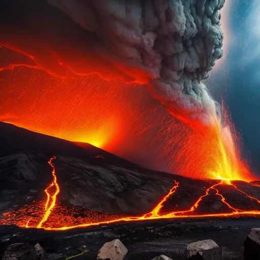 Prompt: mount Vesuviuse  italy Pompeii erupting with lava in dark storm 