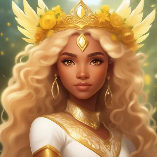 Prompt: A beautiful 15 year old ((Latina)) light elemental with light brown skin and a beautiful face. She has curly yellow hair and yellow eyebrows. She wears a beautiful white dress with gold. She has brightly glowing yellow eyes and white pupils. She wears a gold tiara. She has a yellow aura around her. She is using yellow light magic against a entire army in a beautiful open field. She is fighting aggressively. She is upset. Epic battle scene art. Scenic view. Full body art. {{{{