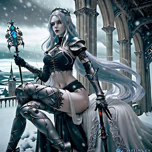 Prompt: Gorgeous perfectly detailed facial features, long legs, sumptuous hyper detailed perfect body, ultra pale, visible midriff, random pose, gothic fantasy, gloomy random dystopian top of the world landscape, heavy snow, female gothic mage with a Sceptre, 

wearing a weathered old period appropriate armor made of filigree, flowing random colored hair, random length hair, porcelain face, large reflective red eyes, fierce agonizing look, 

Splashart, wandering magical lights, surreal, symmetrical intricate details, hyper detailed perfect studio lighting, perfect shading, 

Professional Photo Realistic Image, RAW, artstation, splash style dark fractal paint, contour, hyper detailed, intricately detailed, unreal engine, fantastical, intricate detail, steam screen, complimentary colors, fantasy concept art, 64k resolution, deviantart masterpiece, splash arts, ultra details, Ultra realistic, hi res, UHD, complete 3D rendering.