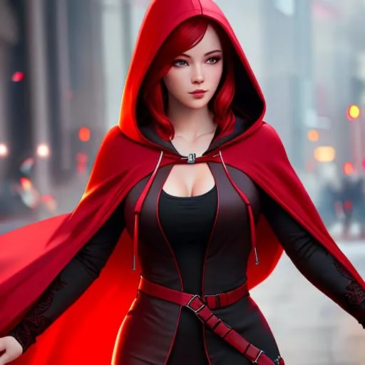 Prompt: red haired girl, wears dark red hooded robe, highly detailed body, full body, whole body visible, full character visible, soft lighting, high definition, ultra realistic, unreal engine 5, 8K, digital art