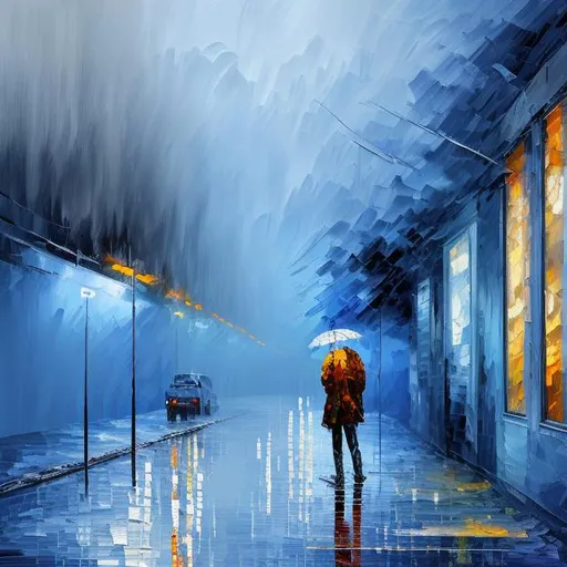 Prompt: Minimal Impressionism oil painting big brush strokes of a man sitting on a corner of a room crying blue cold grey