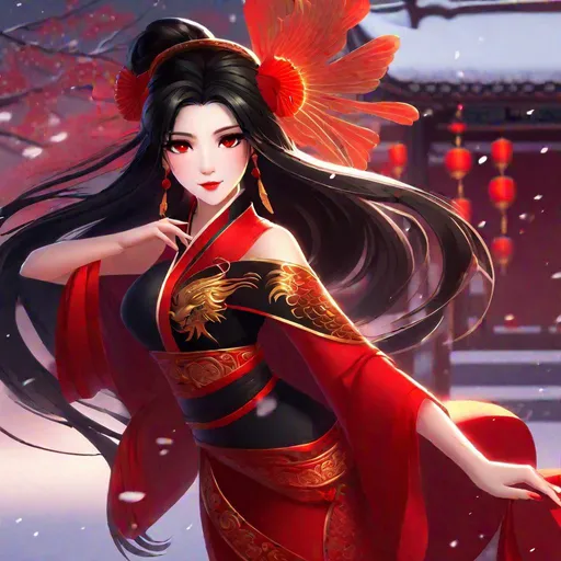 Prompt: Tall female, black hair with red ombre at the end, snow white skin, chinese fan, blood red Chinese dress, dress is completely red, intimidating pose, red eyes, golden Chinese dragon bracelet, background is night festival