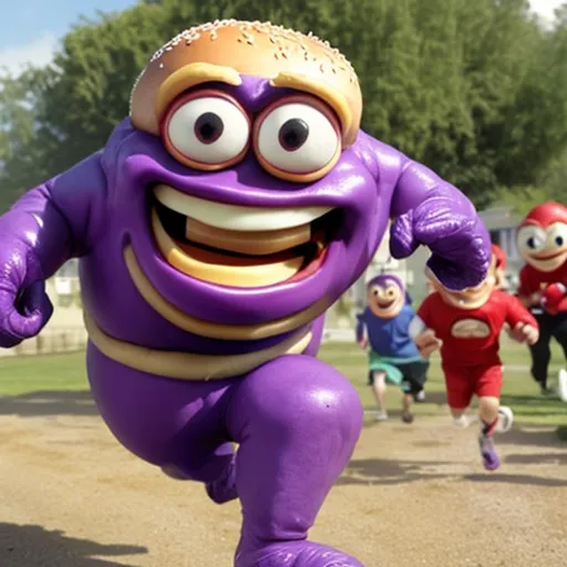 Prompt: Grimace Running with burger 