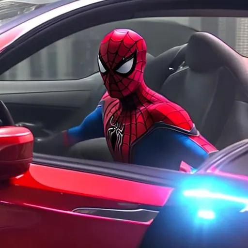 Prompt: spiderman driving a tesla, inside photo