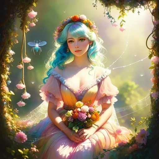 Prompt: painting of a beautiful girl, style of fragonard and Yoshitaka Amano (pastel hair with flowers, messy), ropes, brigfht, daytime, ((daytime forest background with light shafts)), bioluminescent, (wearing intricate frock), vines, delicate, bright colors, soft, fireflies, (((spiders, spider webs, webs))), silk, threads, ethereal, luminous, glowing, dark contrast, celestial, ribbons, trails of light, 3D lighting, soft light