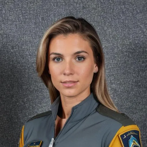 Prompt: Brown/Blonde Hair down to shoulders straight, Blue/Green eyes, Lightly tanned, 168cm, 55kg, 24 yr old, human, female, in a dark grey flight suit with white band over shoulders and blue department highlights, star trek DS9 combadge, with Lieutenant JG pips on neck collar, USS Columbia patch