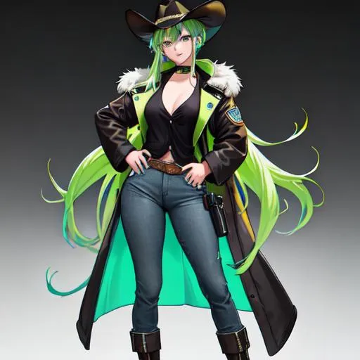 Prompt: She has a long, distinctive neon-green that fades to neon-blue hair in a ponytail, heterochromia eyes, wearing a long brown coat, grey vest, denim pants, black cowboy boots, holding a pistol, wearing a brown sheriff's cowboy hat
