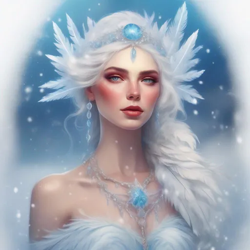 Prompt: Colourful and beautiful ice queen Persephone with snow feathers for hair, wearing a dress made of snow feathers, wearing crystal jewelry framed by the sun and clouds, in a dreamy painted style