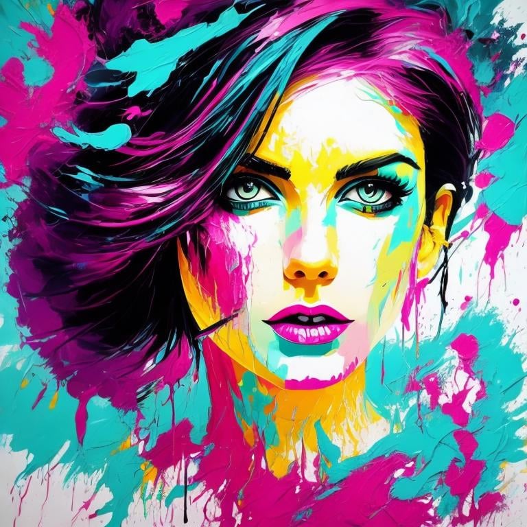 Woman with magenta and turquoise paint splatter, abs... | OpenArt
