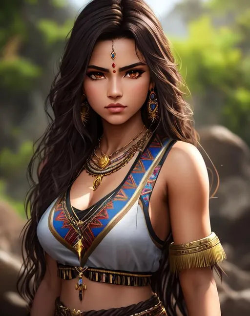 Prompt: Isabela Merced, 17 years old, wearing tribal cueitl, sleeveless, determined, fierce, hero, dirty, dramatic, human, cinematic lighting, caustic, in outdoor villiage,  ethereal, jewelry set balayage wild hair, brown eyes, ethereal, jewelry set,stunning, royal vibe, highly detailed, digital painting, Trending on artstation , HD quality, tan skin,artgerm, by Ilya Kuvshinov