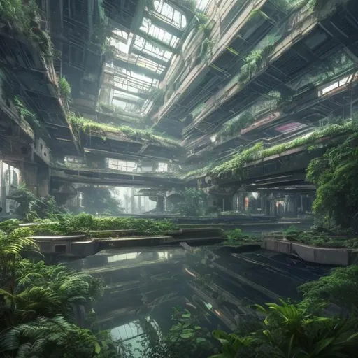 Prompt: Old abandoned Futuristic city overgrown with lush green plants reflection lake light bluse sky high resolution 8k