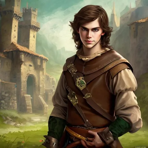 Prompt: fantasy handsome young brunette peasant, leather wrist cuffs
light brown hair
green eyes
mischievous smirk
medieval epic painting
