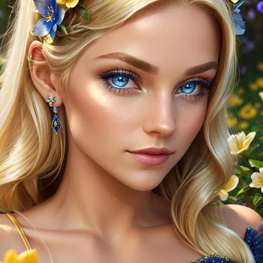 Prompt: Pixie dust princess, long blonde hair, sapphire eyes, yellow flowers in her hair,  facial closeup