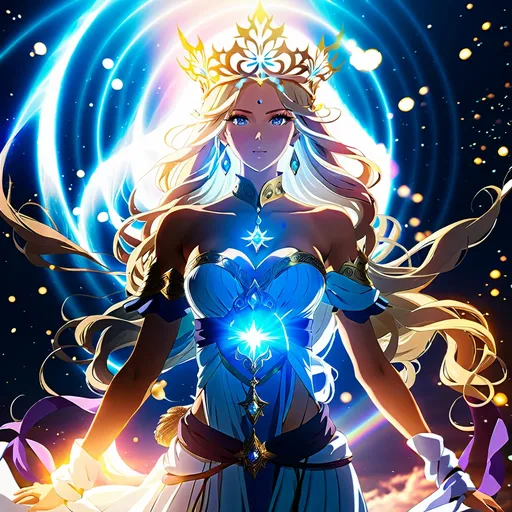 Prompt: Nordic divine woman, anime, ethereal, flowing robe, long flowing hair, mystical, divine aura, intricate crown, detailed eyes, highres, detailed, anime style, cool tones, atmospheric lighting