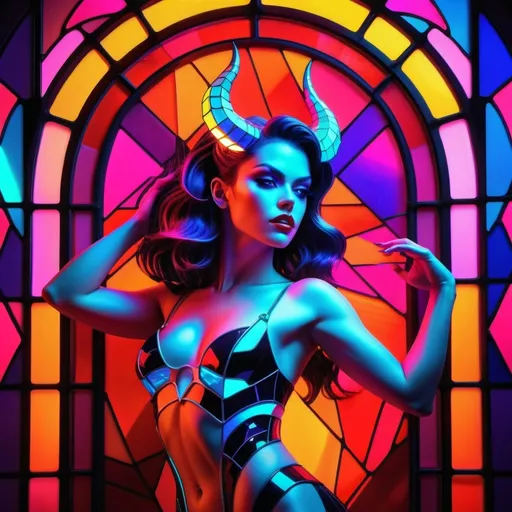 Prompt: a beautiful female demon in a dynamic pose in a retro futuristic synthwave cyberpunk neon paradise.  neon lighting, high quality, beautiful, masterpiece, artistic, synthwave, cyber, retro, futuristic