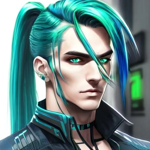 Prompt: Long Hair, Ponytail, Dark Blue Hair, Male, Stunning, Green Eyes, Cyberpunk