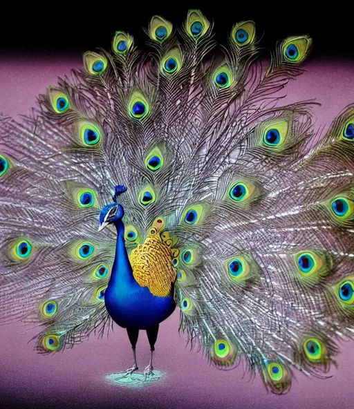 Prompt: An electric peacock. By gediminas pranckevicius, Dali, j. Allen St John. Highly detailed. Intricate details. Best quality. 3d.