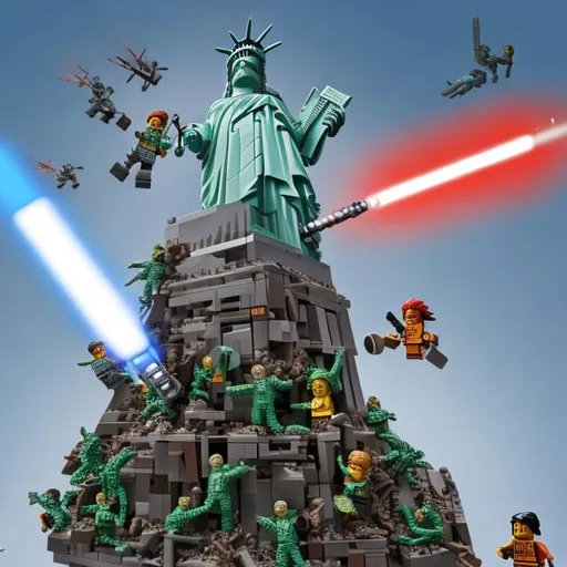 15 little lego men climbing up a sentient statue of...