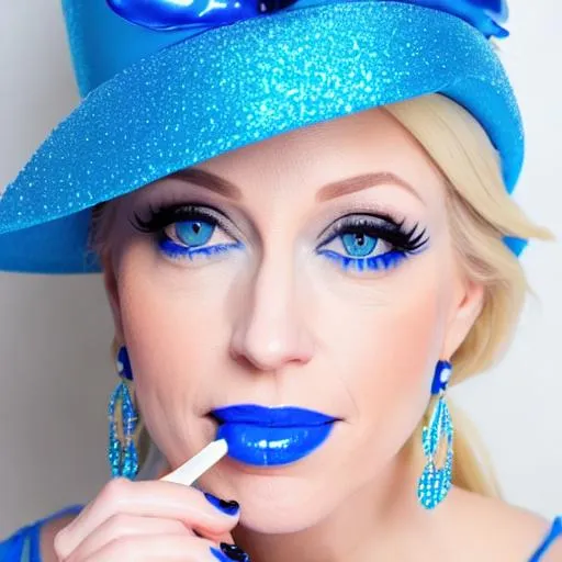 Prompt: Kellyanne conway eating blue frosty ice cream cake , inside cavernous bakery,  blue lipstick, pleasant face, blue eyes, Black eyeshadow, Sugar Hat, extremely large ice earrings. Wide Blue heart necklaces, Cold color scheme, ultradetailed, 8k resolution, perfect, smooth, high quality, shiny. 