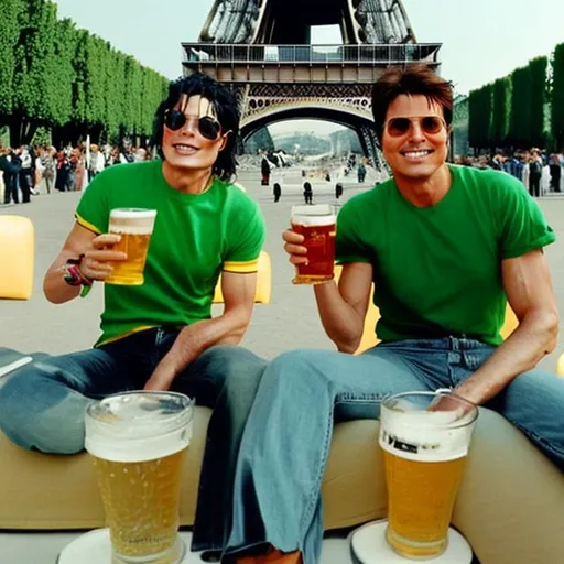 Prompt: Michael Jackson and Tom Cruise drinking cups of beer togheter in front of eiffel tower, while dressing green and yellow t-shirts