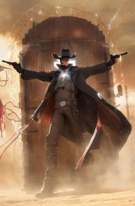 Prompt: Cyber Cowboy with 4 Arms, fiery red Poncho, Dressed in black duster and Stetson Cowboy Hat, with Red eyes, Haunting Presence, Intricately Detailed, Hyperdetailed, Desert Wild West Landscape, Dusty Midnight Lighting, Wild West Feel