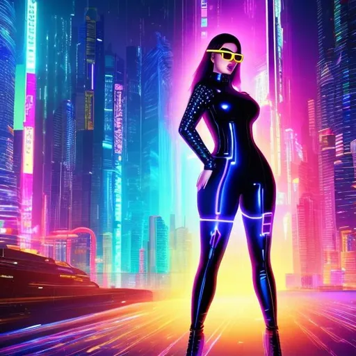 Prompt: cyberpunk, an augmented female {bbw}, sorceress. wearing a dress and sunglasses, a hologram, leather body suit, pixel sort, triadic colors, checkered pattern. rpg art. 2d. 2d art.