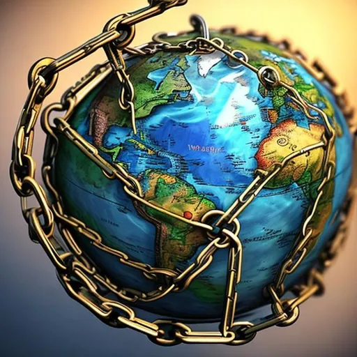 Prompt: the world with a chain wrapped around, 
