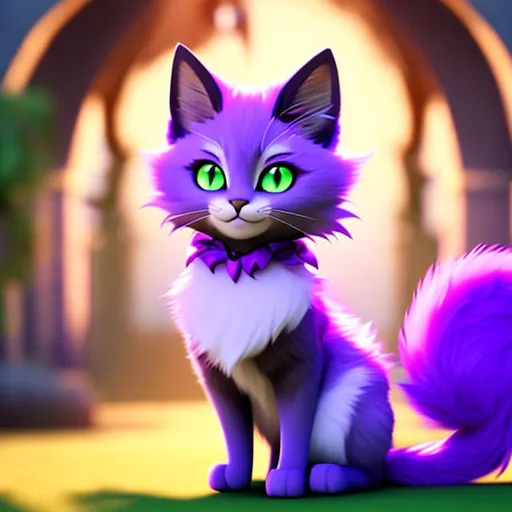 Prompt: Purple cat, green eyes, long fur, pointy ears, fantsy, magic, dim lighting, adventure, long wiskers, fluffy tail, trickster grin, spooky, witchy