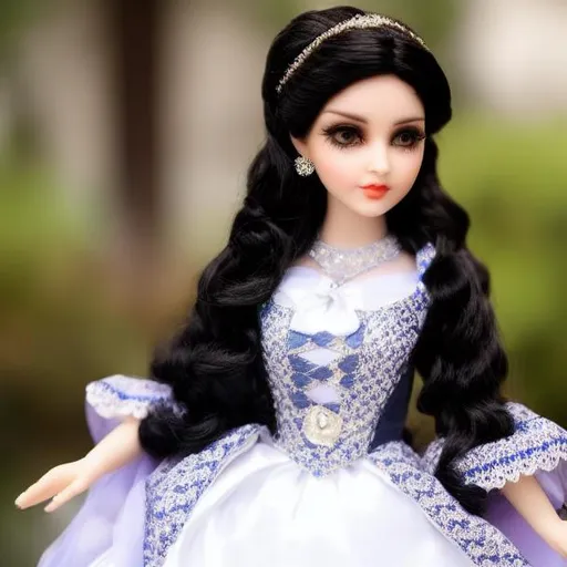 Prompt: A Iraqi woman with black wavy hair, turned into a porcelain doll wearing a victorian dress.