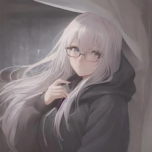 Prompt: A woman, freckles, white hair, long hair, big round glasses, dark hoodie with shirt under, blue eyes, happy, blushing, cosy, moody, milf,
