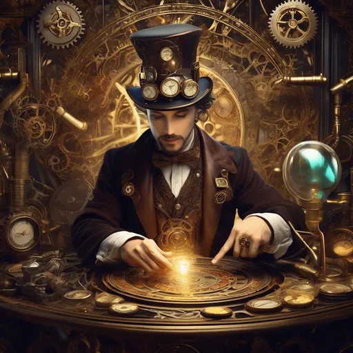 Prompt: steampunk style (The Magician tarot card), a skilled wizard wielding mystical tools and swirling spells, intricate mechanical elements, Victorian era influences, rich bronze and brass tones, elaborate gears and cogs in the background, hint of mystique, enchanting atmosphere, vibrant mystical energy, ultra-detailed, atmospheric lighting, enchanting aura, high-quality design