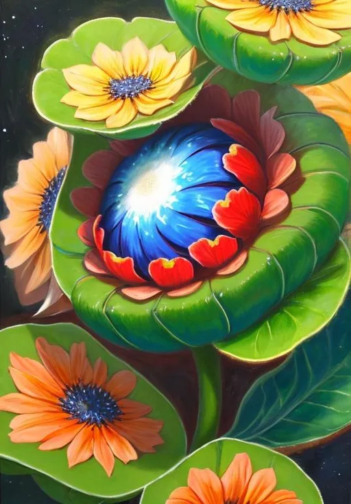 Prompt: UHD, , 8k,  oil painting, Anime,  Very detailed, zoomed out view of character, HD, High Quality, Anime, , Pokemon, cute Pokemon, Gloom is a blue, bipedal Rafflesia-like Pokémon with rudimentary hands and feet. On its head is a flower with spherical petals surrounded by four reddish-brown leaves. The petals are a dark reddish-brown and have white spots. A female displays a single large spot on each petal, while a male will have many smaller spots. Gloom's eyes are wide and often appear closed and its lips are thin and purple.

Gloom trickles sticky nectar from its mouth with the appearance and consistency of drool. This can be used as a fertilizer for plants. Both this nectar and the flower on Gloom's head release a foul odor strong enough to induce fainting in humans over a mile (1.6 kilometers) away. However, it can also attract prey, and even a very small number of humans find it pleasing. This odor is a key ingredient for some perfume production. When it is in danger, the odor worsens, but it will not emit its odor if it feels safe. Gloom lives in grassy plains. 

Pokémon by Frank Frazetta