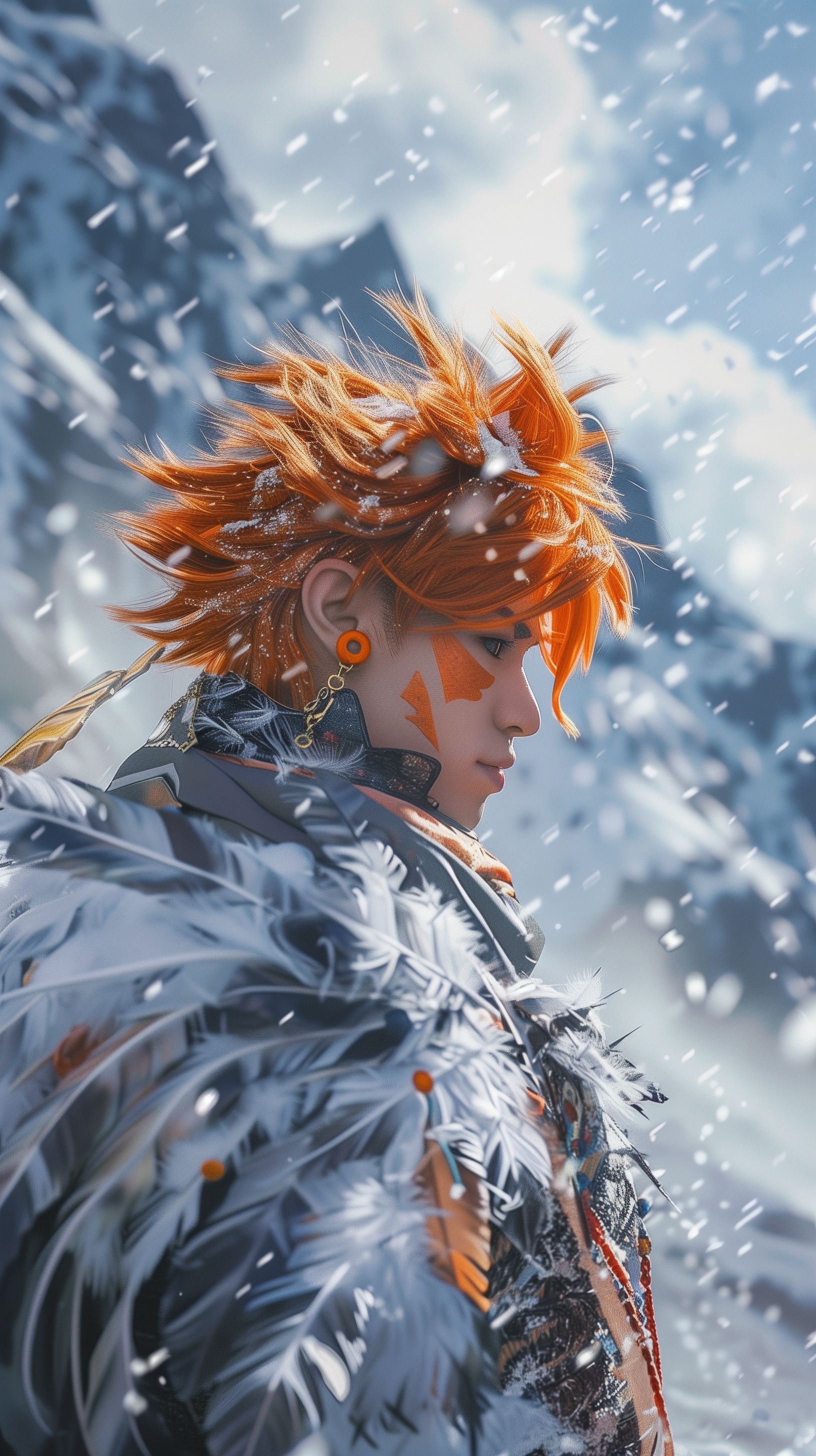Prompt: tartaglia from genshin impact as a realistic Muppet with extra frizzy orange hair made of feathers and a sassy thick orange eyebrow, he is standing in a dramatic battle pose with a dramatic snowy mountain behind him, blizzard, heavy snow, covered in snow --ar 9:16 --v 6.0
