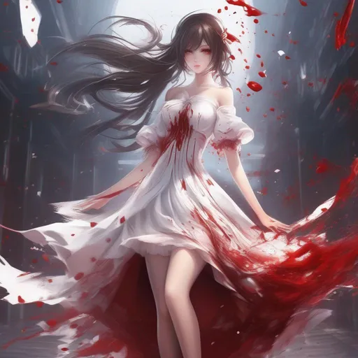 Prompt: 3d anime woman covered in blood brunette hair and white dress covered in blood and beautiful pretty art 4k full HD