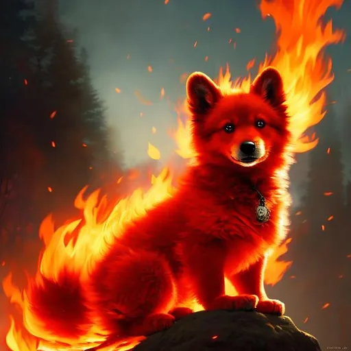 Prompt: Cute, red, fluffy, fire puppy, possessing the element of fire and making circles of fire
 move around in the air in a magical way. Perfect features, extremely detailed, realistic. Krenz Cushart + loish +gaston bussiere +craig mullins, j. c. leyendecker +Artgerm.